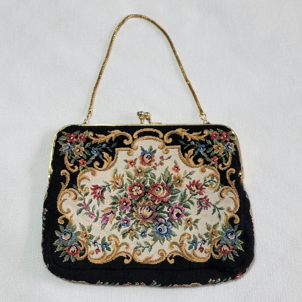 Vintage 1950's Floral Tapestry Purse Clutch Bag with Gold Clasp & Chain